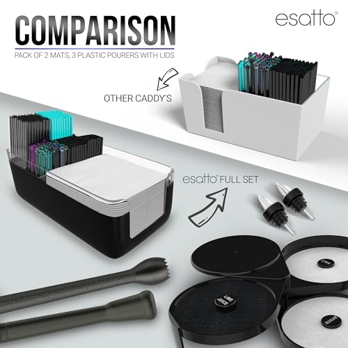 Esatto Home Bar Supply Bar Equipment and Supplies 1 Black Bar Caddy Organizer 1 Glass Salt Margarita Rimmer 2 Muddler for Cocktails Drink Preparation 24 Bottle Pourers Liquor Pourer 24 Pourer Cover