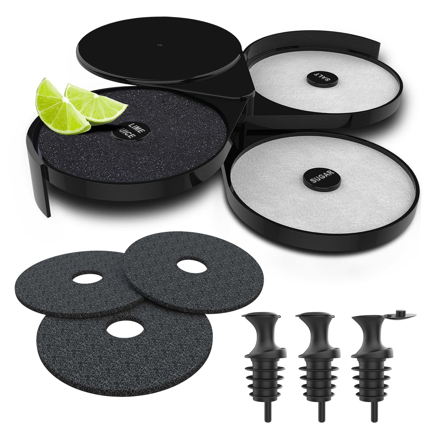 Esatto Glass Salt Rimmer 3 Tier for Margarita Tray and Cocktail, 2 Extra Sponge’s + 3 Pourers – Apply Salt, Sugar, and Lime Juice for Better Drinks and Efficient Drink Preparation