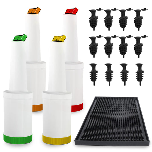 Store and Pour Juice Containers 1 Quart – Flow N Stow Fruit Juice Bottles – Easily Mix, Pour, Store - Bar Supplies Liquor and Juice Pouring Bottles - 1 bar mat for countertop - 12 pourers pour spout