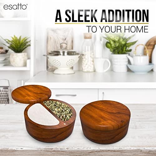 Essato Round Acacia Wooden Salt Box, Magnetic Swivel Lid, Salt pepper or Spice Storage Box, 2 Wine Pourers Included