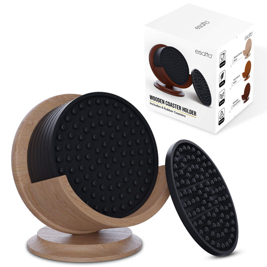 Esatto Round Wooden Rubber Coaster Set with Holder, 4.25 Inches Diameter, Includes 8 Coasters for Drinks