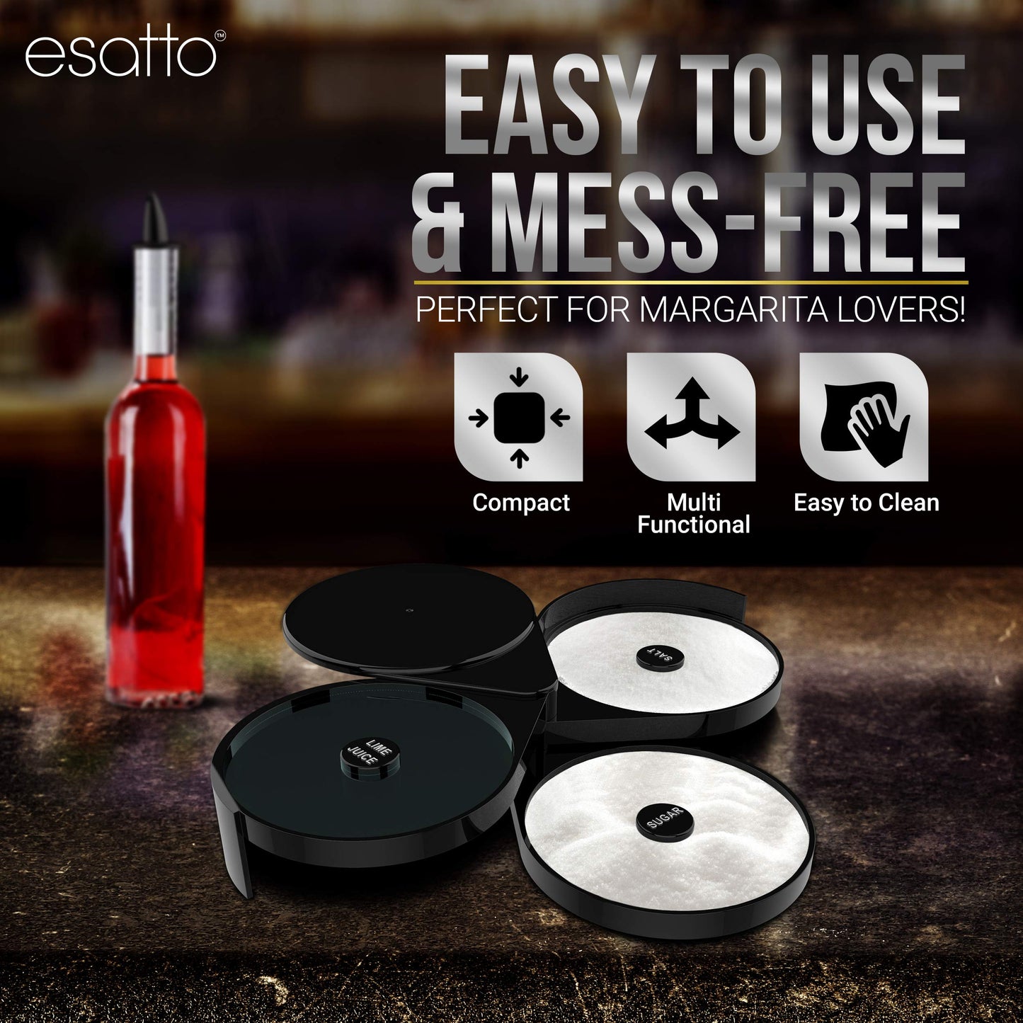 Esatto Glass Salt Rimmer 3 Tier for Margarita Tray and Cocktail, 2 Extra Sponge’s + 3 Pourers – Apply Salt, Sugar, and Lime Juice for Better Drinks and Efficient Drink Preparation