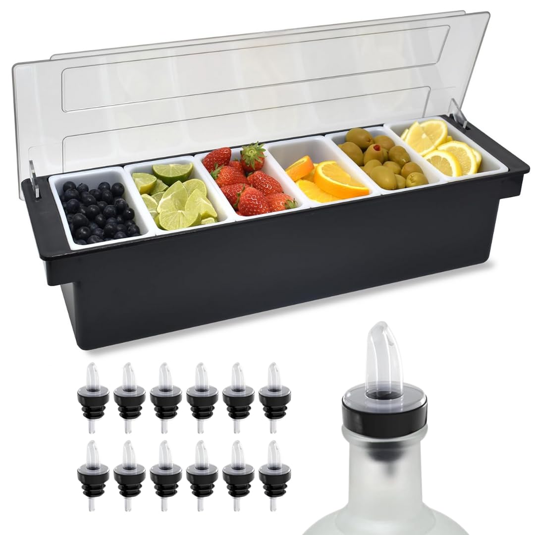 Esatto Bar Products Condiment Holder with Pint Inserts Black, Keeps Fruit and Berries Fresher Longer, Additional 12 Pourers, 12 Pourer Covers, 1 Muddler