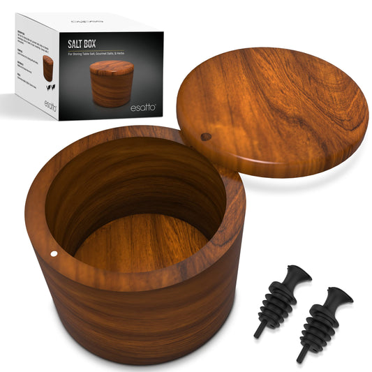 Essato Round Acacia Wooden Salt Box, Magnetic Swivel Lid, Salt pepper or Spice Storage Box, 2 Wine Pourers Included
