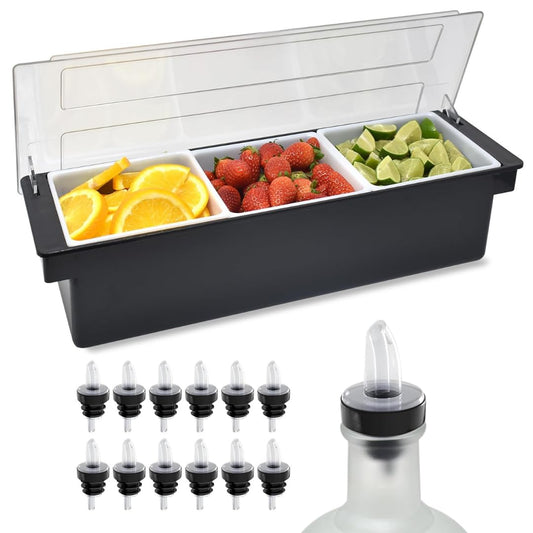 Esatto Bar Products Condiment Holder with Pint Inserts Black, Keeps Fruit and Berries Fresher Longer, Additional 12 Pourers, 12 Pourer Covers, 1 Muddler
