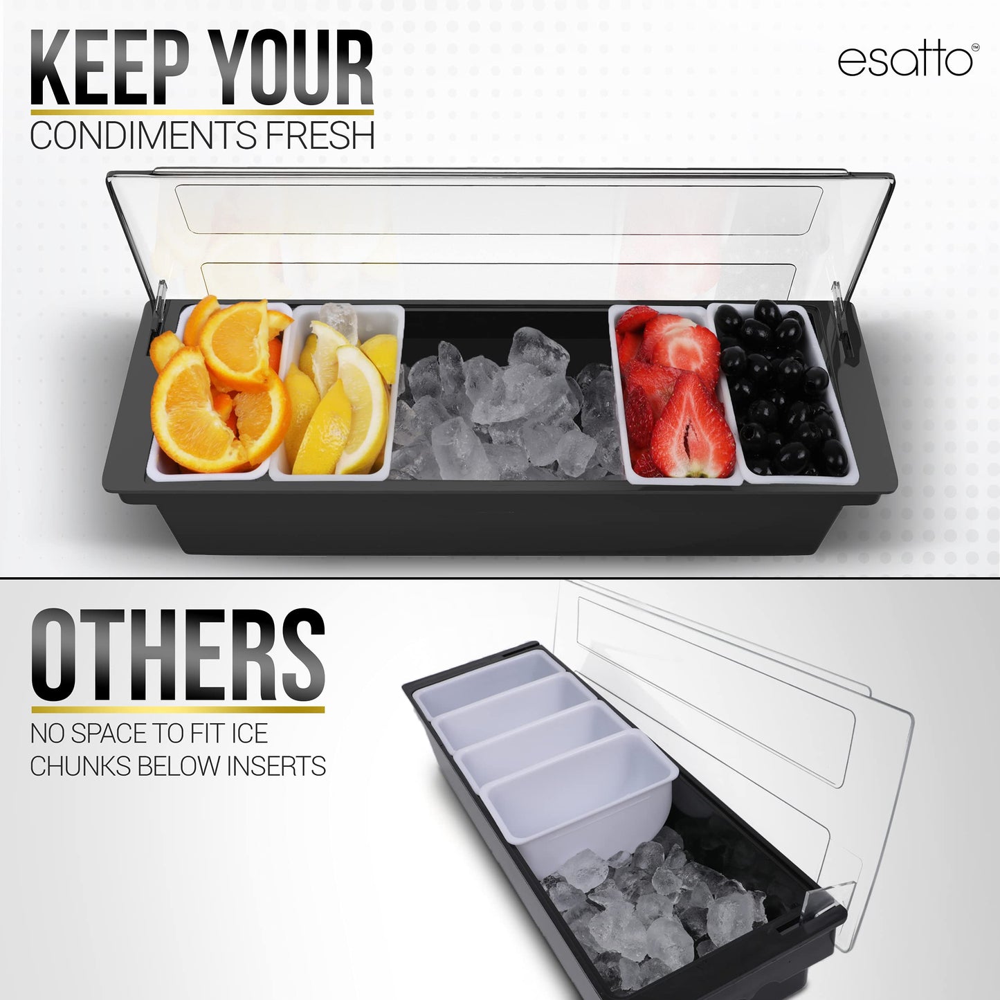 Esatto Bar Products Condiment Holder with Pint Inserts Black, Keeps Fruit and Berries Fresher Longer, Additional 12 Pourers, 12 Pourer Covers, 1 Muddler