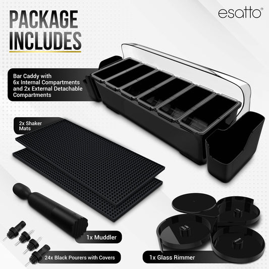 Esatto Bar Products Bar Set with Condiment Holder with 6 Internal Compartments and 2 Detachable External Compartments, 2 Shaker Mats, 1 Muddler, 1 Glass Rimmer and 24 Black Pourers with Covers