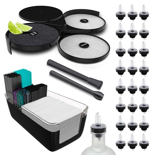 Esatto Home Bar Supply Bar Equipment and Supplies 1 Black Bar Caddy Organizer 1 Glass Salt Margarita Rimmer 2 Muddler for Cocktails Drink Preparation 24 Bottle Pourers Liquor Pourer 24 Pourer Cover