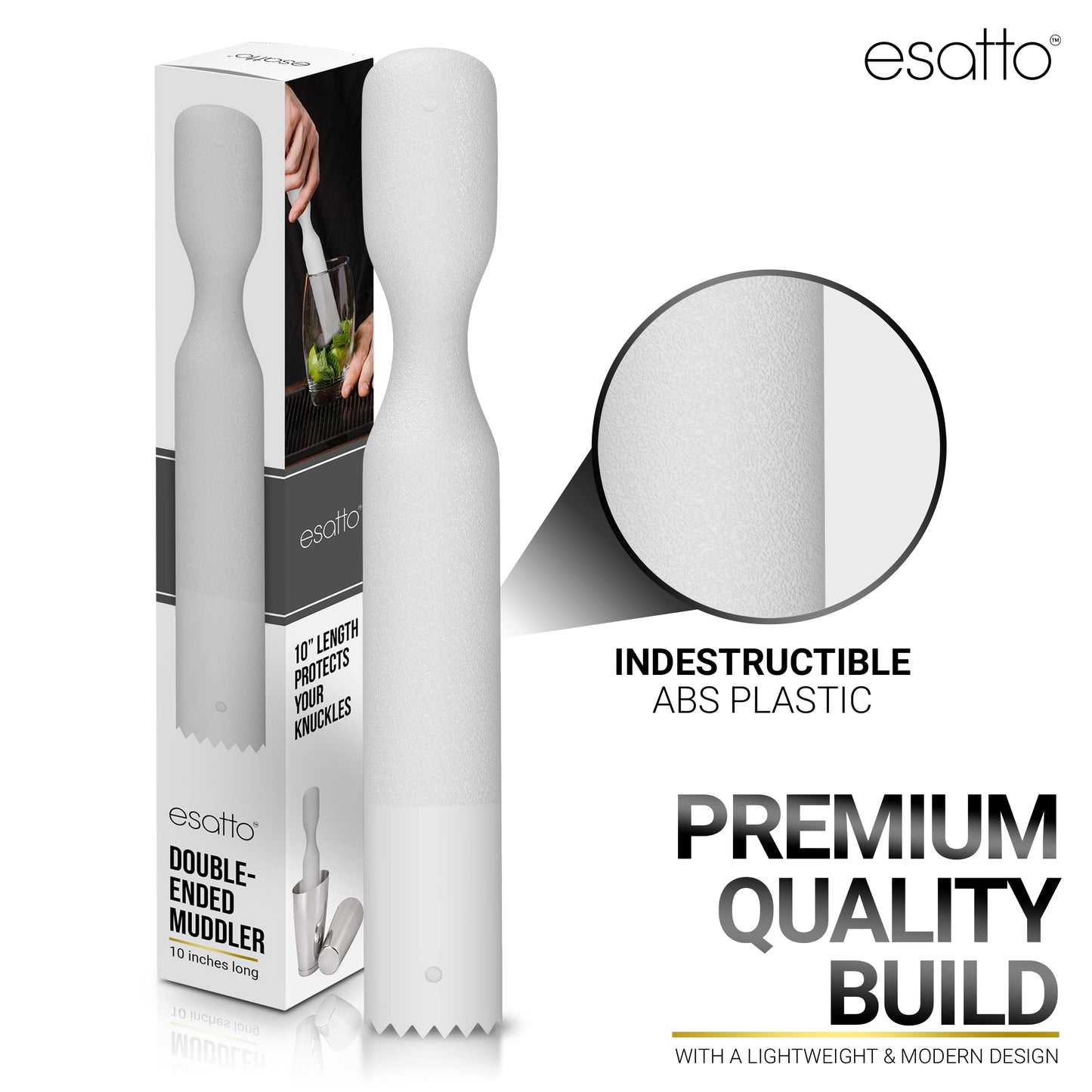 Esatto Muddler 25 CM (10”) Ribbed – ABS, – Durable and Ribbed for Mashing Fruits, Berries, Sugar, Spices, and Herbs (White)
